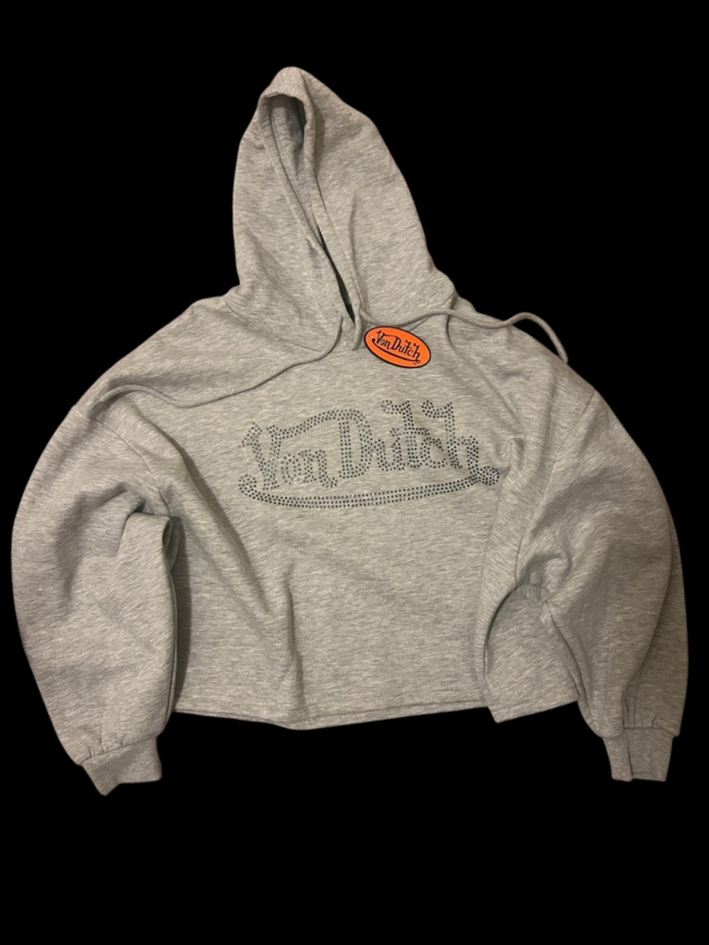 Von Dutch Light Gray Rhinestone Logo Cropped Hoodie Sz Large